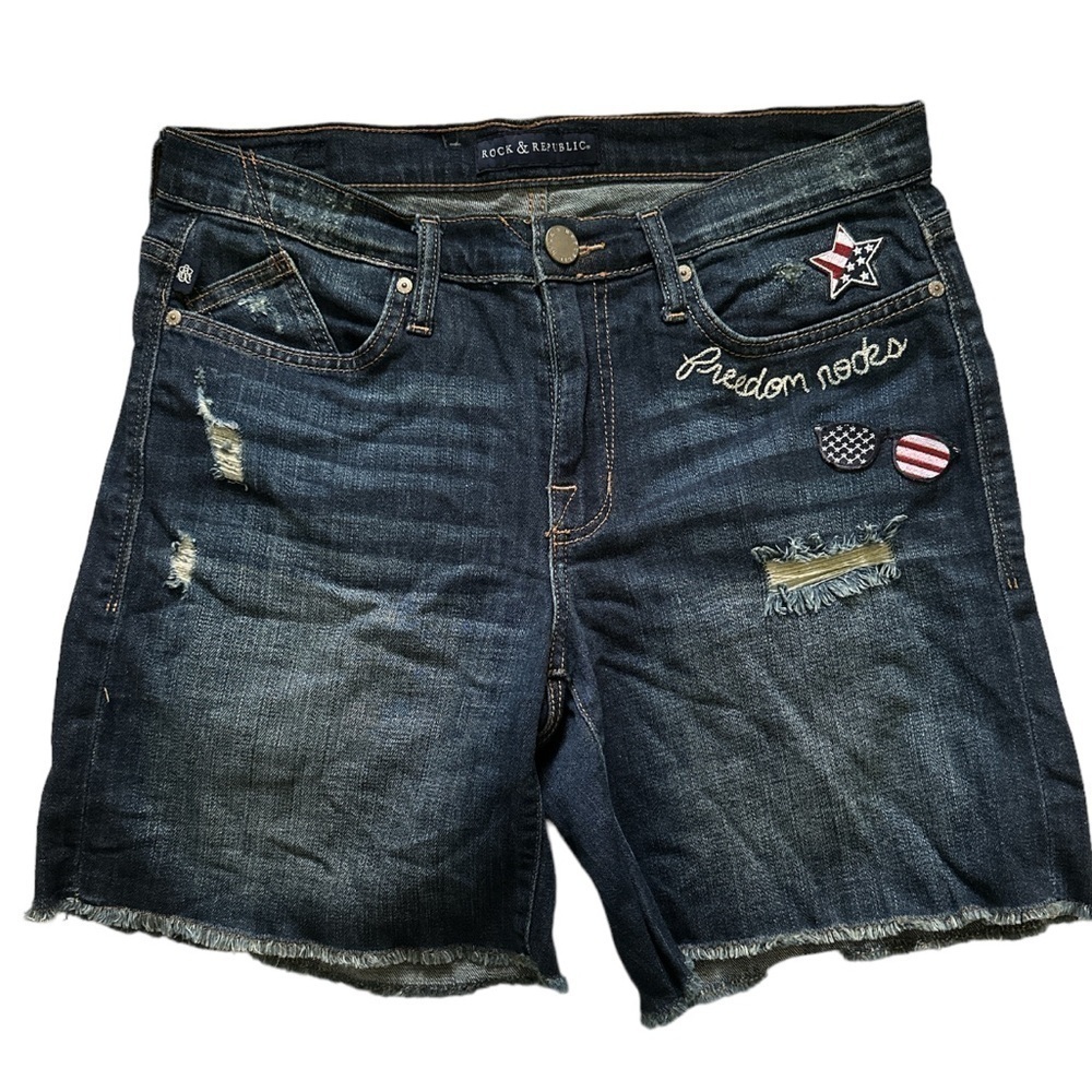 Rock & Republic Freedom Rocks Shorts Raw Hem Red White & Blue Patches Distressed